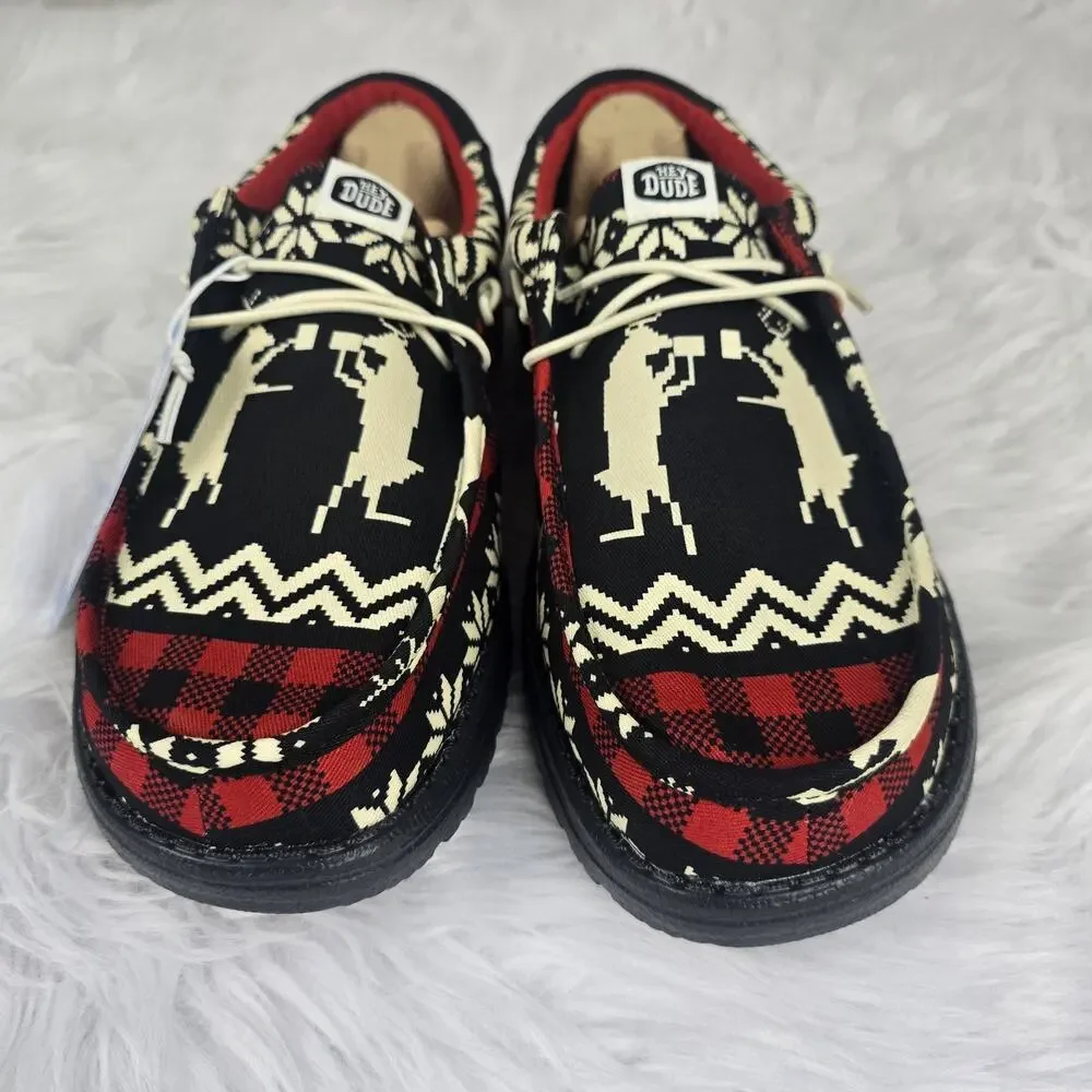 Hey Dude Wally Holiday Cheers Men's Size 9 Black Red Shoes Christmas Dudes